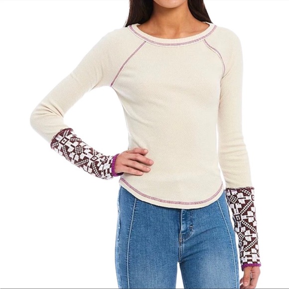 NWT FREE PEOPLE Tan Brown/white thermal sweater - Picture 3 of 11